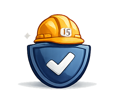 Ícone representando segurança na execução de obras com uso de equipamentos de proteção individual e normas técnicas.