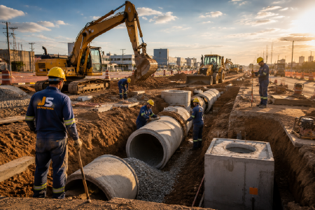 Equipe da Empreiteira JS executando obra de infraestrutura com instalação de galerias pluviais, escavações, redes subterrâneas e máquinas pesadas em operação.