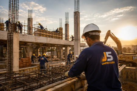 Equipe da Empreiteira JS executando obra de construção civil com estrutura de concreto armado, equipamentos próprios e profissionais especializados em canteiro de obras.