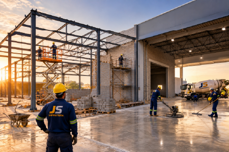 Equipe da Empreiteira JS executando estrutura metálica, alvenaria, piso polido industrial e reforma completa em galpão comercial com equipamentos próprios.