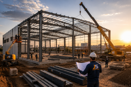 Construção de galpão industrial em estrutura metálica executada pela Empreiteira JS com guindaste, plataforma elevatória, equipe especializada e montagem de estruturas de aço.