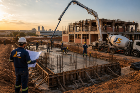 Obra comercial executada pela Empreiteira JS com estrutura de concreto armado, caminhão-bomba, equipe especializada e equipamentos próprios em canteiro de obras.