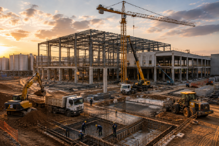 Complexo industrial em construção executado pela Empreiteira JS com estruturas metálicas, concreto armado, guindaste, escavadeiras, caminhões e equipe especializada em canteiro de obras.