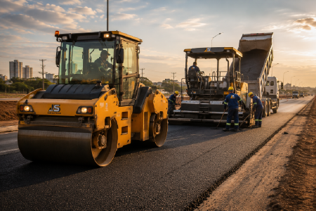Equipe da Empreiteira JS executando pavimentação asfáltica com rolo compactador, vibroacabadora e caminhão em obra viária.