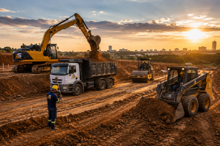 Obra de terraplenagem executada pela Empreiteira JS com escavadeira hidráulica, bobcat, caminhão basculante e rolo compactador realizando movimentação de terra em grande empreendimento.